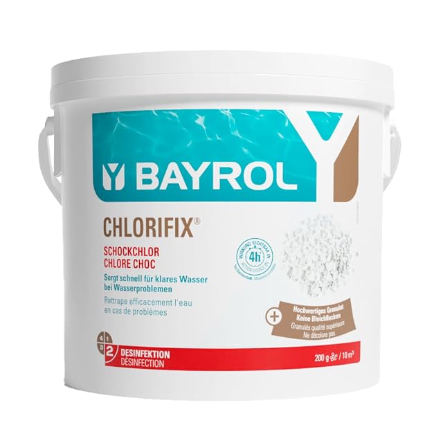 Granulado de cloro rápido Bayrol Chlorifix, envase de cinco kilogramos con vaso dosificador