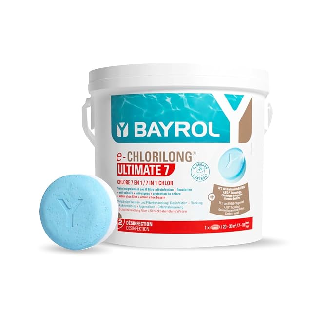 Pastilla de cloro de dos capas Bayrol e-Chlorilong Ultimate 7, azul y blanca