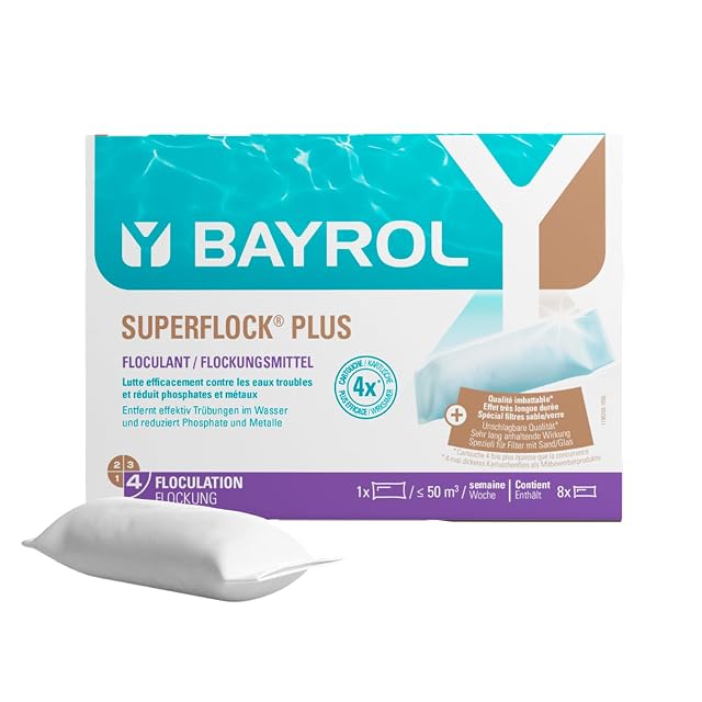 Cartuchos de floculante Bayrol Superflock Plus en envase de un kilogramo para filtros de arena