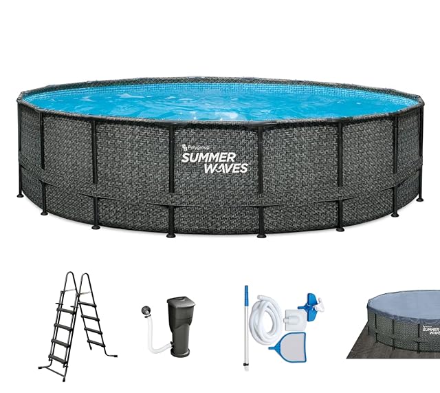 Gran piscina tubular redonda Summer Waves en efecto ratán gris, 549 cm de diámetro y 132 cm de profundidad, con una escalera