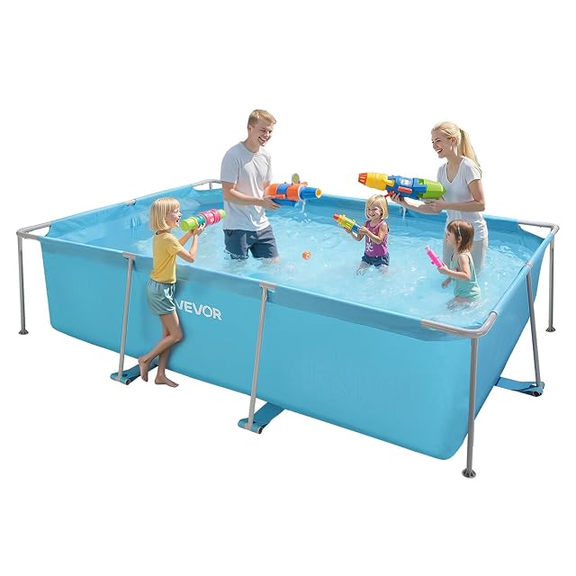 Piscina tubular rectangular azul VEVOR sobre una estructura de tubos de acero revestidos, 300 por 200 cm y 76 cm de alto