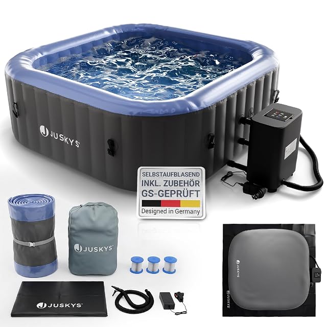 Spa hinchable Juskys SpaLuxe gris y azul, con una cubierta y una bolsa de transporte