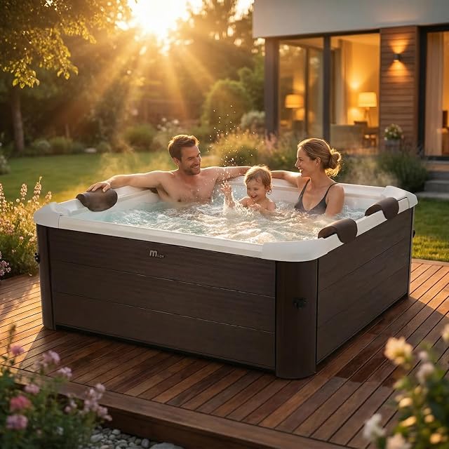 Spa cuadrado Miweba MSpa Tribeca en acabado madera, con mando por aplicación