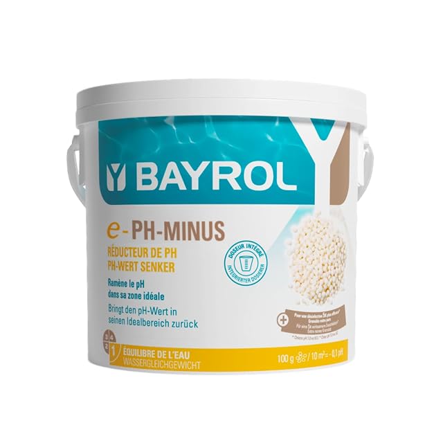 Granulado pH Menos Bayrol en envase de seis kilos con un vaso dosificador
