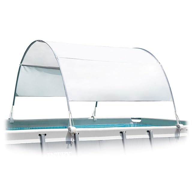 Toldo Intex que da sombra a una pequeña piscina rectangular desmontable