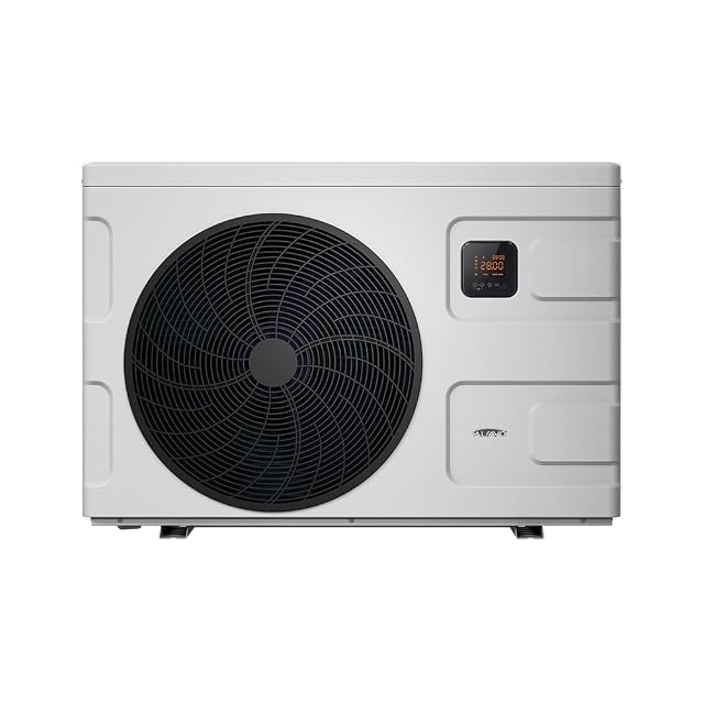 Bomba de calor de piscina con inverter ALSAVO INVERBOOST, con carcasa de ABS, junto a una piscina