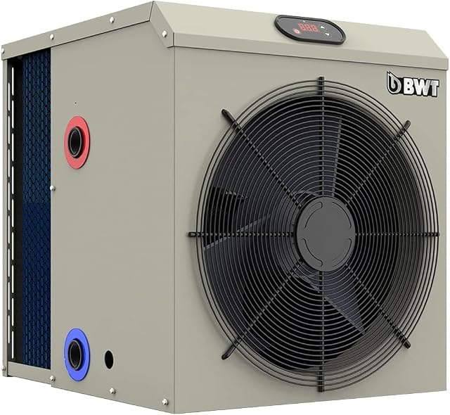 Bomba de calor de piscina BWT Mini con carcasa metálica, instalada entre el filtro y la boquilla de impulsión