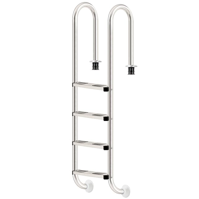 Escalera de piscina Zelsius en acero inoxidable V2A con cuatro peldaños anchos y pasamanos con tapas de goma