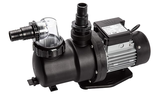 Bomba de filtración autocebante Steinbach SPS 100-1, con su cuerpo de prefiltro y sus conexiones de 32/38 mm