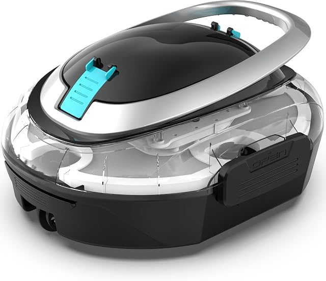Robot de piscina sin cable BRINBO S2, cuya carcasa transparente deja ver el cesto de residuos