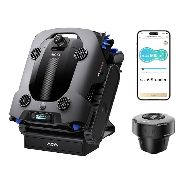 Robot de piscina MOVA Rover X10 con cartografía láser, subiendo los escalones de una piscina