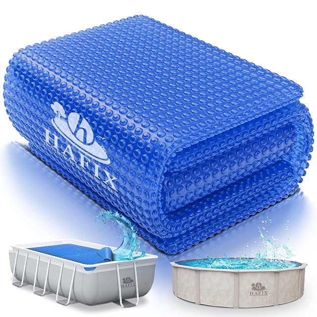 Cubierta solar de burbujas azul HAFIX flotando sobre una piscina redonda desmontable