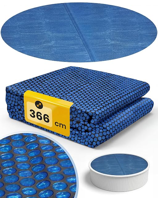 Cubierta solar redonda Miganeo negra y azul sobre la superficie de una piscina