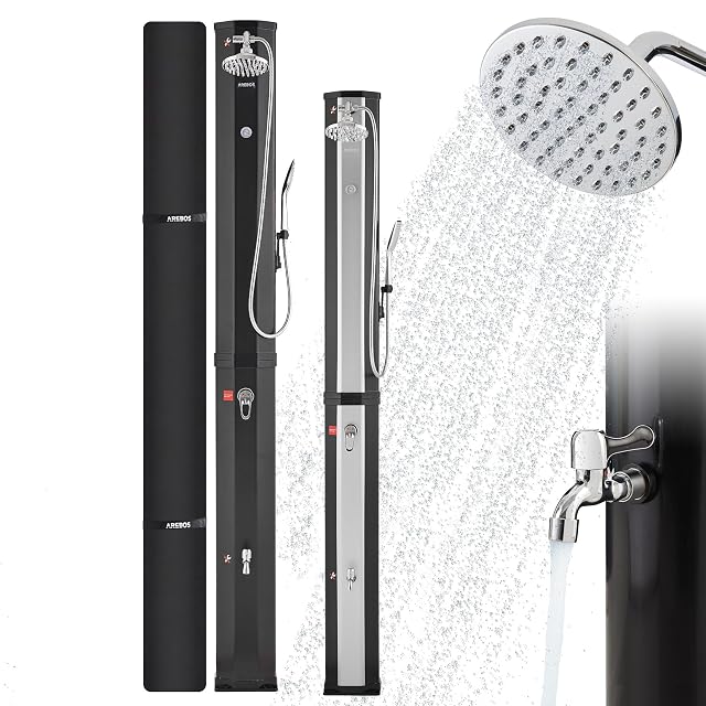 Ducha solar Arebos negra de 60 litros, con grifo mezclador en el cuerpo