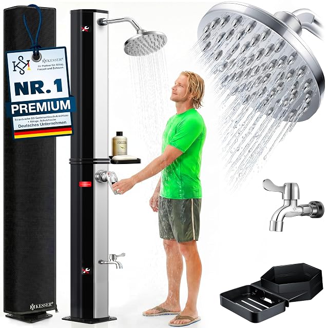 Ducha solar KESSER de 60 litros, de 225 centímetros de alto, con mezclador cromado y alcachofa de lluvia