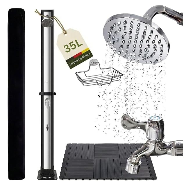 Ducha solar novaterra negra y plata, con alcachofa de lluvia, repisa y ducha de pies