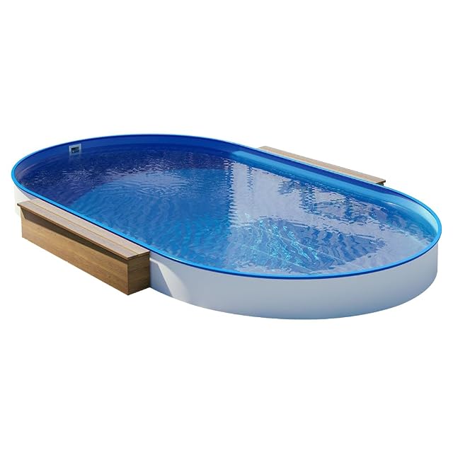 Piscina ovalada de pared de acero POOL Total de 4,50 por 2,50 metros, con pasamanos de plástico y liner azul