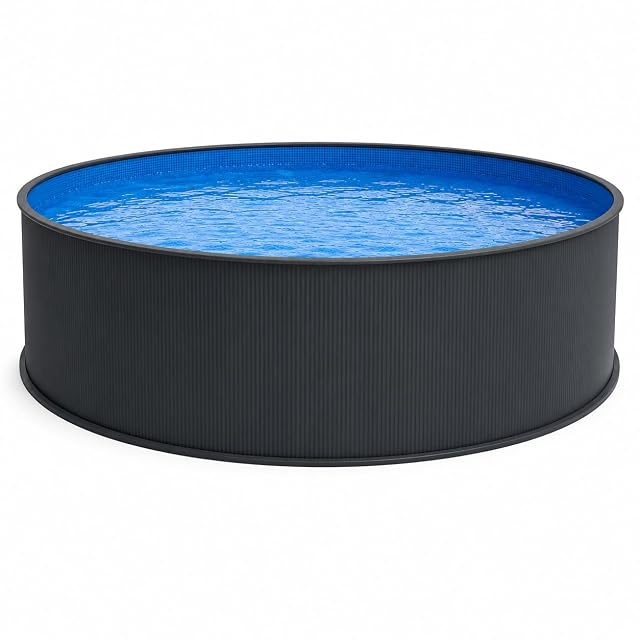 Gran piscina de pared de acero antracita poolomio de 550 cm de diámetro y 120 cm de fondo con liner azul colgado