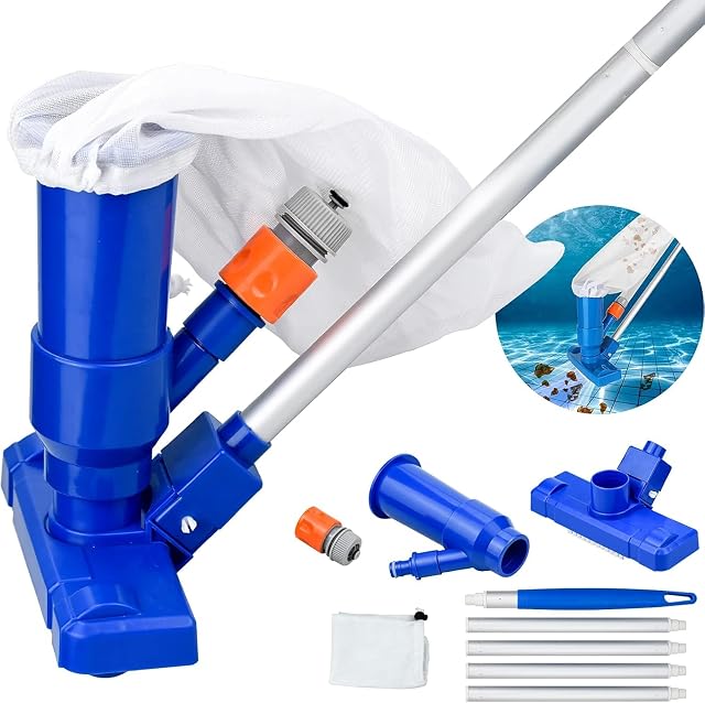 Cabezal de aspirador de piscina Julyee con bolsa de residuos de malla y pértiga de aluminio de cinco tramos encajables